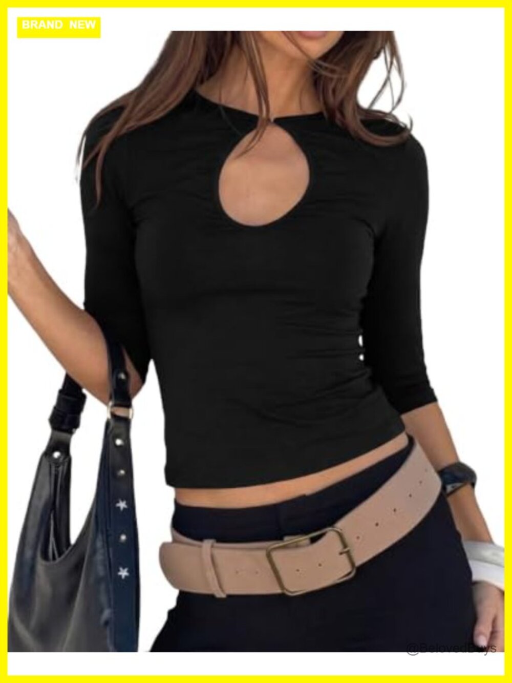 Cotton Blend 3/4 Sleeve Keyhole Cutout Crop Top Y2K Slim Fit Summer Tee